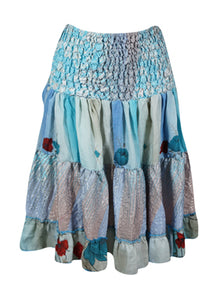 Womens Summer Ruched Elastic Sky Blue Floral Beach Hippy Recycle Silk Skirts S/M