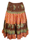 Womens Summer Ruched Skirt, Brown Floral Beach Recycle Silk Skirts S/M