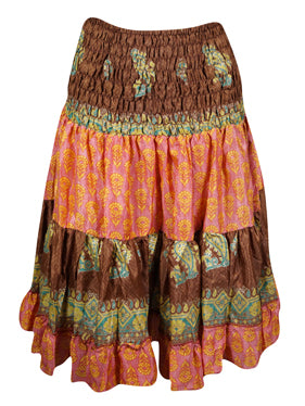 Womens Summer Ruched Skirt, Brown Floral Beach Recycle Silk Skirts S/M