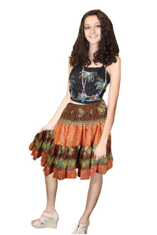  Women's Summer Ruched Skirt – Brown Floral Recycled Silk Beach Skirt with Elastic Waist S/M