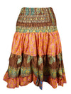 Womens Summer Ruched Skirt, Brown Floral Beach Recycle Silk Skirts S/M