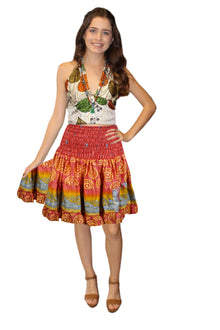  Women's Summer Elastic Skirt – Red Smocked Recycle Silk Beach Skirt S/M