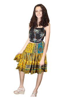  Women’s Summer Ruched Yellow Floral Beach Skirt – Recycled Silk Hippy Style S/M