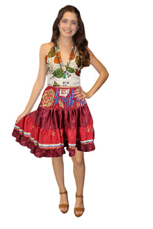  Women’s Red Elastic Waist Skirt – Recycled Silk Summer Beach Skirt, Boho Chic S/M