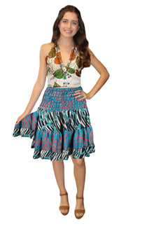  Womens Smocked Waist Summer Skirt – Dark Blue & Black Recycled Silk Boho Beach Skirt S/M