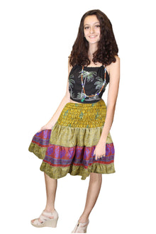  Womens Smocked Waist Silk Skirt – Beige & Green Ruched Boho Summer Beach Skirt S/M