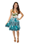 Womens Blue Floral Ruched Silk Skirt – Smocked Waist Boho Beach Summer Skirt S/M