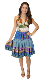  Women's Blue Floral Ruched Skirt – Recycled Silk Summer Beach Skirt  S/M