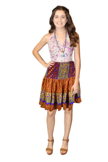  Women's Red & Yellow Smocked Skirt – Recycled Silk Summer Beachwear  S/M