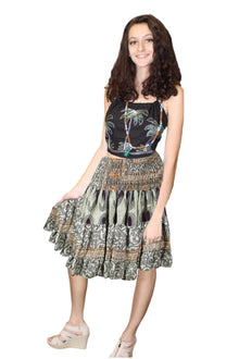  Womens Gray Smocked Ruched Floral Silk Skirt – Boho Beach Cover Up Wrap Skirt S/M