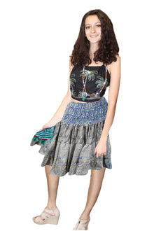  Womens Gray Blue Floral Recycled Silk Skirt – Ruched Boho Beach Cover Up S/M
