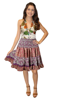 Women's Red & Purple Floral Ruched Recycled Silk Skirt – Boho Beach Skirt with Smocked Waist S/M