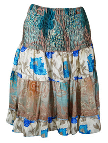  Womens Summer Ruched Skirt Blue Floral Beach Recycle Silk Skirts S/M