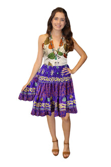  Women's Purple Floral Ruched Recycled Silk Skirt – Boho Summer Beach Skirt with Smocked Waist S/M