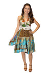 Women's Blue Floral Ruched Skirt – Recycled Silk Boho Beach Skirt with Elastic Waist S/M