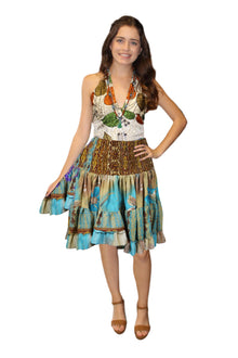  Women's Blue Floral Ruched Skirt – Recycled Silk Boho Beach Skirt with Elastic Waist S/M