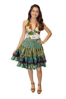  Women's Boho Green Ruched Skirt – Recycled Silk Summer Beachwear Skirts S/M