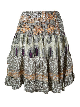 Womens Boho Chic Stylish Heavenly Gray Floral Beach Recycle Silk Skirts S/M