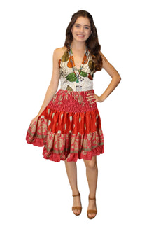  Women's Rose Red Boho Chic Skirt – Recycled Silk Beach Skirt, Romantic Bohemian Style S/M