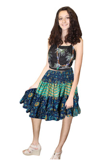  Women's Azure Blue Ruched Boho Skirt – Recycled Silk Summer Beach Skirt with Floral Print S/M