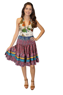  Women's Boho Chic Recycled Silk Skirt – Gray & Pink Elastic Waist Beachwear S/M