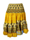 Womens Summer Ruched Skirt Yellow Floral Beach Recycle Silk Skirts S/M