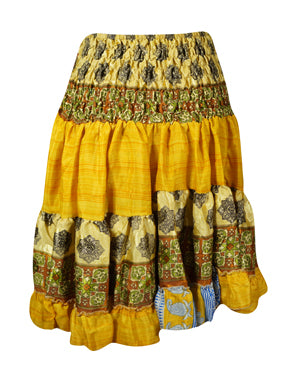 Womens Summer Ruched Skirt Yellow Floral Beach Recycle Silk Skirts S/M