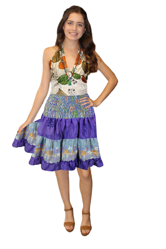 Women's Purple Floral Ruched Skirt – Recycled Silk Summer Beachwear Boho Skirt  S/M