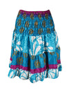 Womens Summer Ruched Skirt Sky Blue Floral Beach Recycle Silk Skirts S/M