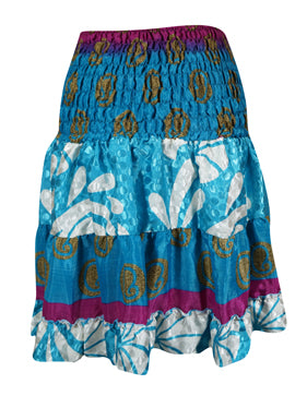 Womens Summer Ruched Skirt Sky Blue Floral Beach Recycle Silk Skirts S/M