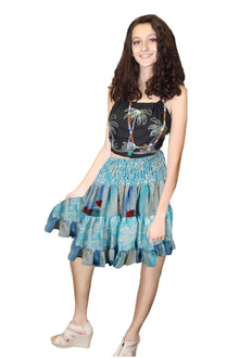  Women's Sky Blue Floral Ruched Skirt – Recycled Silk Boho Summer Beachwear Skirt S/M