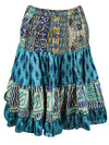  Womens Summer Ruched Skirt Steel Blue Floral Beach Recycle Silk Skirts S/M