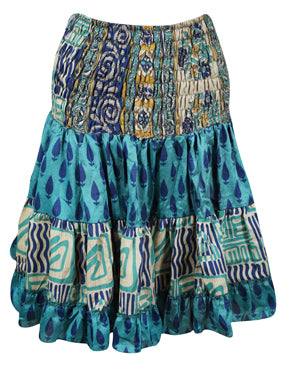  Womens Summer Ruched Skirt Steel Blue Floral Beach Recycle Silk Skirts S/M