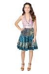 Women's Steel Blue Floral Ruched Skirt – Recycled Silk Boho Summer Beach Skirt S/M