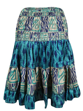 Womens Summer Ruched Skirt Steel Blue Floral Beach Recycle Silk Skirts S/M