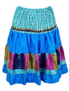 Womens Summer Ruched Skirt Tufts Blue Floral Beach Recycle Silk Skirts S/M