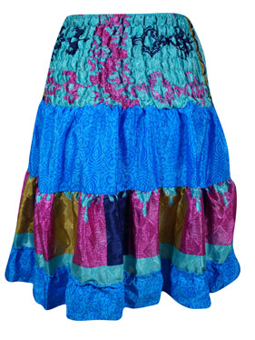 Womens Summer Ruched Skirt Tufts Blue Floral Beach Recycle Silk Skirts S/M