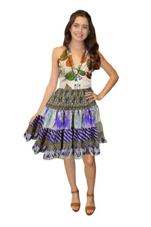  Women's Purple Floral Ruched Skirt – Recycled Silk Smocked Waist Summer Beach Skirt S/M