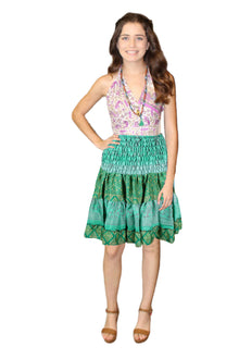  Women's Sea Green Floral Ruched Skirt – Recycled Silk Smocked Waist Boho Beach Skirt S/M