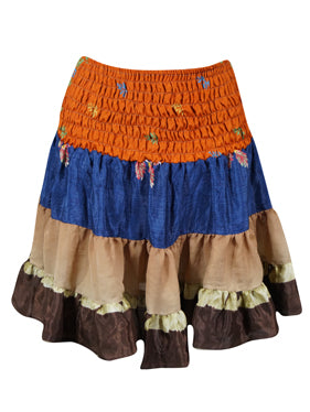 Womens Summer Ruched Skirt Orange, Blue  Beach Recycle Silk Skirts S/M