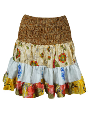 Womens Summer Ruched Skirt Beige, Floral Beach Recycle Silk Skirts S/M