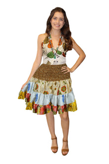  Women's Beige Floral Ruched Skirt – Recycled Silk Boho Summer Beach Skirt  S/M