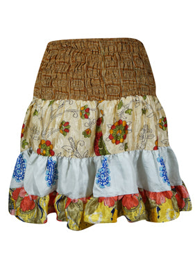 Womens Summer Ruched Skirt Beige, Floral Beach Recycle Silk Skirts S/M