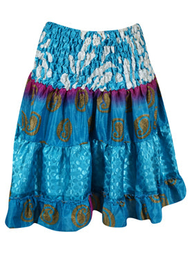 Womens Summer Ruched Skirt Tufts Blue Floral Beach Recycle Silk Skirts S/M
