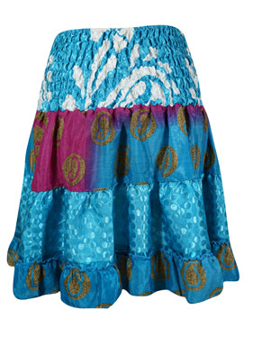 Womens Summer Ruched Skirt Tufts Blue Floral Beach Recycle Silk Skirts S/M