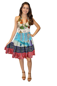  Women's Blue & Pink Floral Ruched Skirt – Recycled Silk Boho Summer Beach Skirt S/M