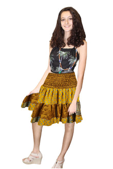  Women's Yellow & Gold Ruched Skirt – Recycled Silk Boho Summer Beach Skirt S/M