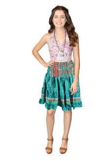  
Women's Sea Blue Floral Ruched Recycled Silk Skirt – Boho Beachy Summer Skirt S/M
