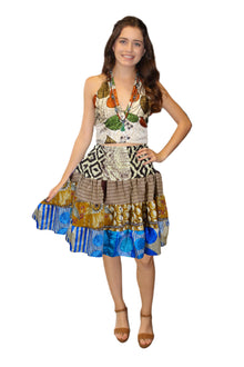  Blue & Brown Smocked Recycled Silk Boho Skirt – Women's Flowy Beachwear S/M