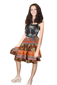  Brown & Pink Floral Recycled Silk Boho Skirt – Women's Elastic Waist Beachwear S/M